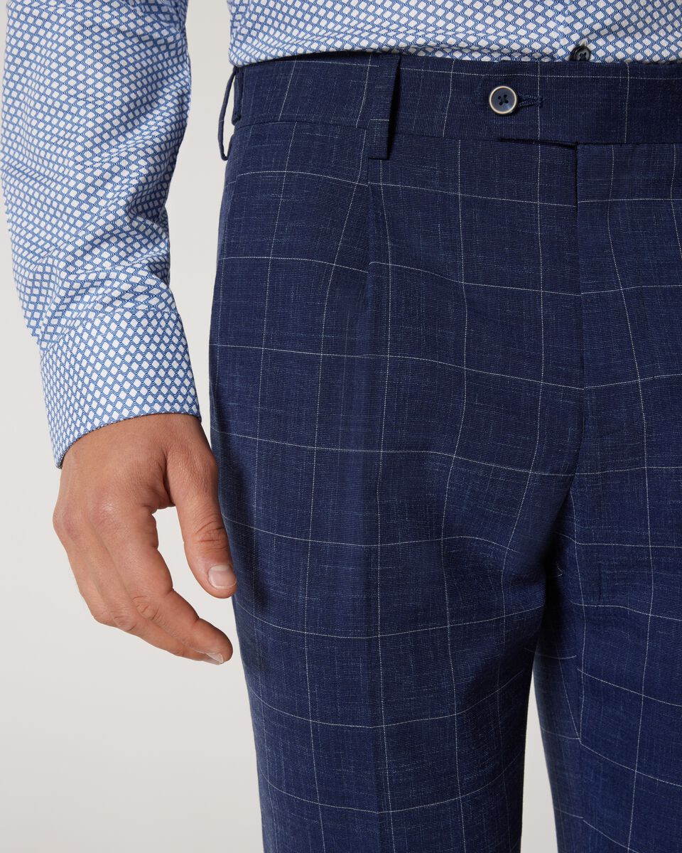 Slim Stretch Windowpane Check Tailored Pant, Navy Windowpane Pleated Slim Stretch Pleated Check Tailored Pant